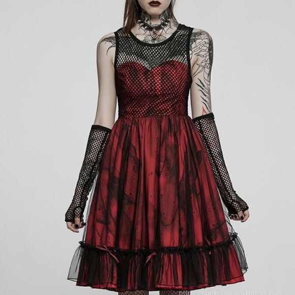 Pyon Pyon Punk Gothic Dress Black And Red With Fish Net - Picture 1 of 10